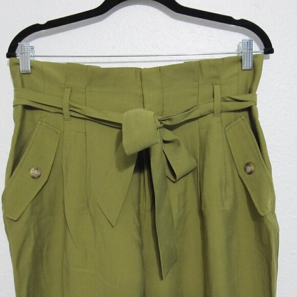 H&M Paper Bag Pants Womens Size 10 Green High Rise Waist Belt Pleated Front NWT - Picture 3 of 12